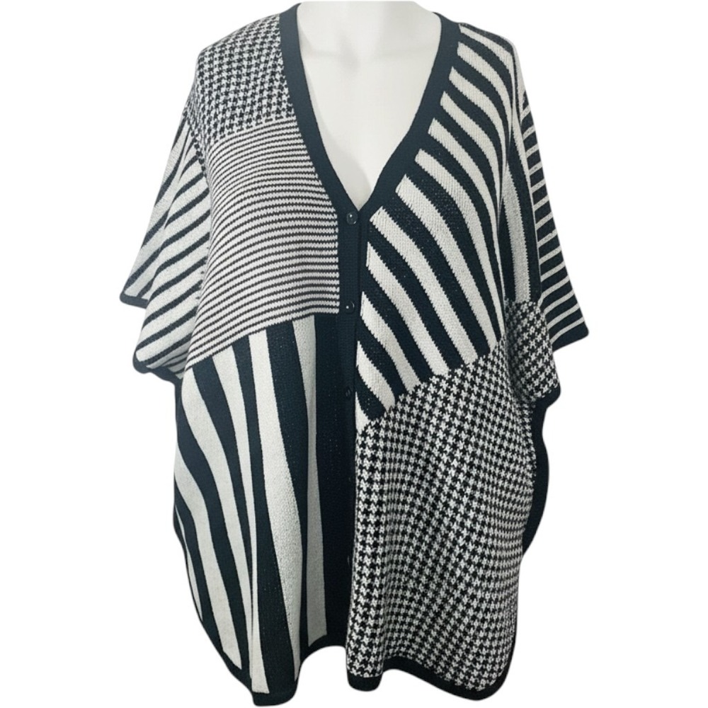 Catherines Poncho Cardigan Black White Mixed Stripe Houndstooth Size OX/1X